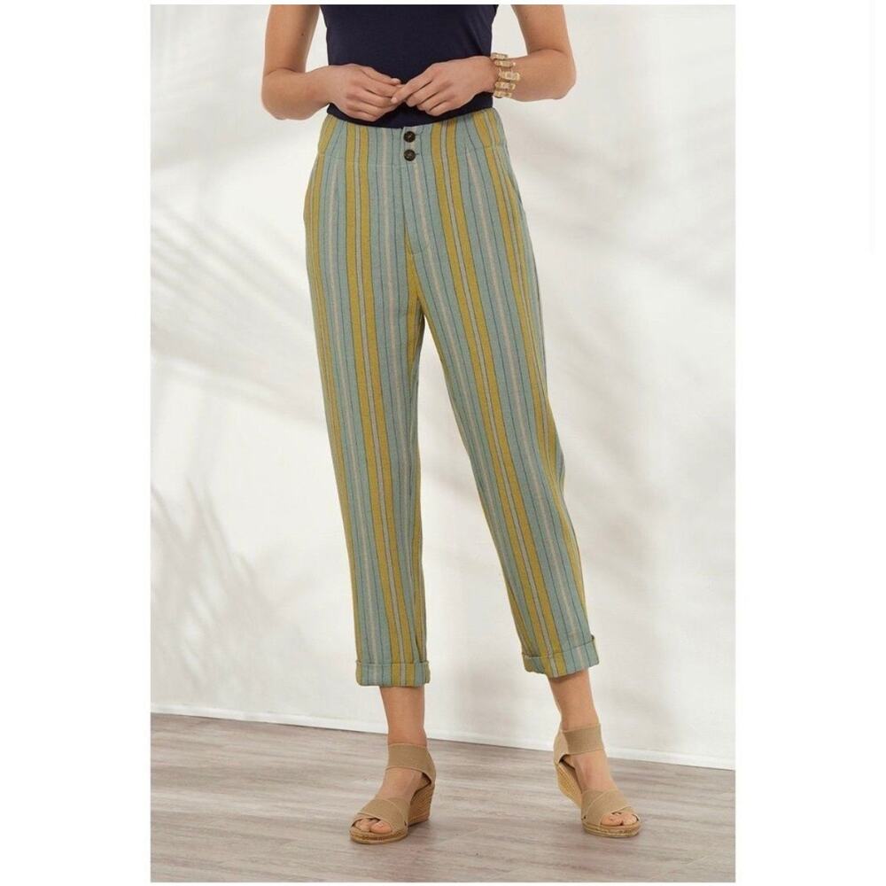 NWT Soft Surroundings Caldera Striped Linen Blend Straight Leg Crop Pants Sz 16P
